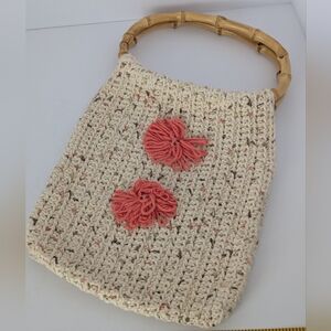 Handcrafted Cream and Pink Crochet Bag with Bamboo Handle